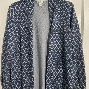 Supima cotton L.L. Bean Blue and White Patterned open cardigan sweater.